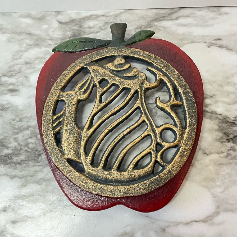 Vintage Red Apple Shape Cast Iron Trivet Brass Coffee Pot Design Kitchen Decor